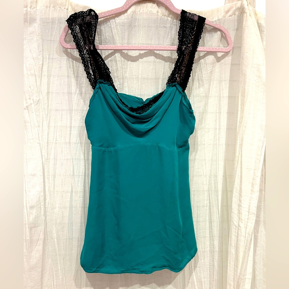 100% Silk BCBGMaxAzria Green Blouse with Lace Straps